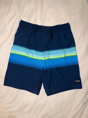Hurley Kids Swim Trunks with Blue/Aqua/Yellow-Green Stripe | Size:7/8 | UPF:50